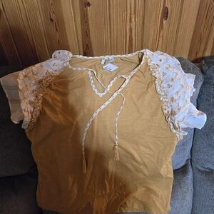 Cato Mustard Lace-Trim Tie-Neck Puff Sleeve Top